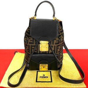 極 美品 FENDI フェンディ ズッカ FF 柄 ナイロン エピレザー 本革 リュックサック デイパック バックパック ブラック カーキ 22424