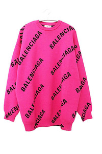 バレンシアガ BALENCIAGA 21AW ロゴ 総柄 オーバーサイズ ニット セーター 657528 T3200 S ピンク ブランド古着ベクトル 中古☆AA★■24102