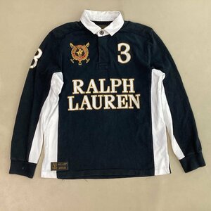 ■POLO RALPH LAUREN ポロラルフローレン ラガーシャツ エルボーパッチ ラグビー 長袖 刺繍 ナンバリング メンズ サイズL 黒X白/0.6kg■