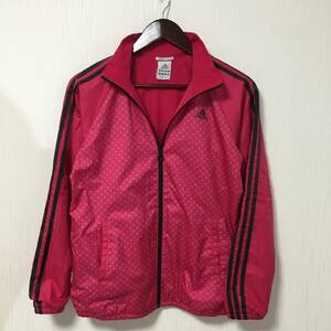 良品 adidas アディダス クライマプルーフ ウインドブレーカージャケット ジャンパー ピンク×ドット柄 レディースLサイズ スポーツウェア