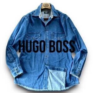 E15 極美品 爽快！鮮やかな逸品！定価5万 Lサイズ『ヒューゴボス HUGO BOSS』黒タグ 人気のデニム 長袖 シャツ インディゴブルー 青色