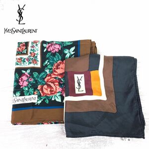 G2407-J-N◆良品 YVES SAINT LAURENT イヴ・サンローラン スカーフ2枚セット◆総柄 絹100% シルク 大判 花柄 フラワーモチーフ ストール