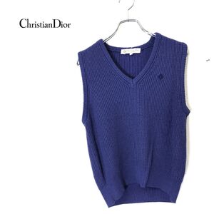 1D2466-N◆old◆ Christian Dior クリスチャンディオール ニットベスト セーター ロゴ刺繍 ◆ sizeS パープル 紫 ウール アクリル 古着