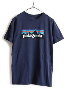 ボーイズ XXL メンズ S 程■ 18年製 パタゴニア フィッツロイ プリント 半袖 Tシャツ 古着 PATAGONIA ロゴT プリントT ボックスロゴ P-6 紺