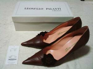 ● 美品 上質 34650円の品 LEONELLO PALANTI イタリア製 本革 レザー スエード 花 ブラウン 茶色 パンプスヒール 37 23.5cm 24.0cm Mサイズ