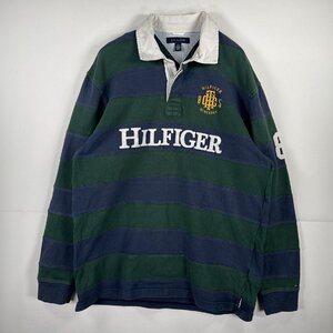 USA古着 トミーヒルフィガー TOMMY HILFIGER 長袖シャツ ラガーシャツ 刺繍 ロゴ 大きいサイズ XL グリーン×ネイビー ボーダー メンズ