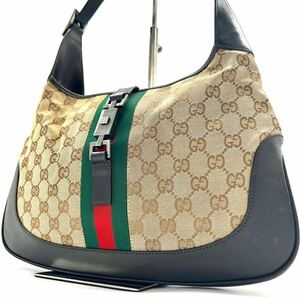 グッチ【美品】GUCCI ワンショルダーバッグ ジャッキー シェリーライン GG柄 レザー 本革 キャンバス 肩掛け可 メンズ レディース