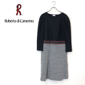 1O1809-O-N◆日本製◆ Roberta di Camerino ロベルタディカメリーノ ニットワンピース 切替 チェック 千鳥格子柄 ◆size11 ウール ブラック