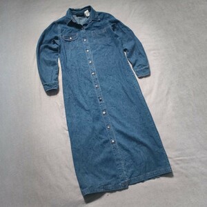 Denim&Co 古着 デニムワンピース 長袖 シャツ ヴィンテージ ロング丈 マキシ丈 アウター 羽織り 開襟 長袖 ナチュラル カジュアル