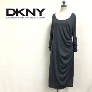 1K3106-K◆DKNY ディーケーエヌワイ 長袖カットソーワンピース◆sizeM グレー シャーリング 薄手 カジュアル ボートネック レディース