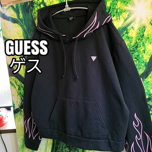 ゲス GUESS ショート丈 炎 ファイヤーパターン 黒 フレイム 刺繍ロゴ スウェットパーカー パーカー スウェット フーディ 