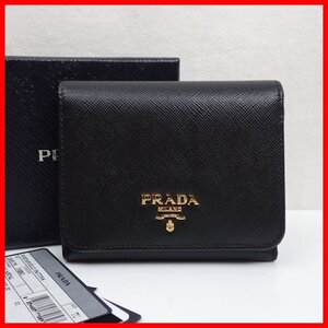 ★未使用 PRADA/プラダ 三つ折り財布/1MH176/NERO/ブラック/SAFFIANO METAL/レザー/外箱・Gカード付き/ウォレット&0487100367