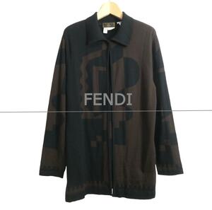 FENDI フェンディ サイズ38 総柄 長袖 ロング丈 襟付き 1B ニット カーディガン ロングカーディガン ブラウン×ブラック