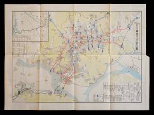 戦前朝鮮地図◆京城電車及バス案内地図・62×46.5cm◆京城電気会社関係建物大量一覧,電車バス経路,乗換停留所,変電所,放送所,車庫》昭和10