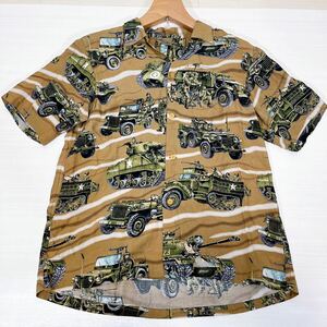 年代不明 HYSTERIC GLAMOUR ヒステリックグラマー アロハシャツ 戦車 サイズフリー ブラウン系 メンズ ミリタリー