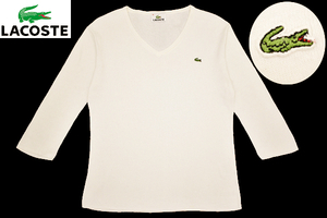 Y-6825★送料無料★LACOSTE ラコステ★レディース女性 正規品 ホワイト白色 ワニロゴ刺繍 Vネック 七分袖 T-シャツ 38