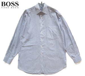 美品スイス製!!ヒューゴボス HUGO BOSS*胸ポケット付き ストライプ柄ドレスシャツ 40 実寸L 白×ダークグレー