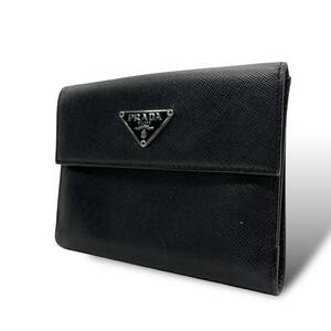 プラダ PRADA 三つ折り財布 ブラック NERO コンパクト サフィアーノ レザー 三角ロゴ シルバー金具 M2