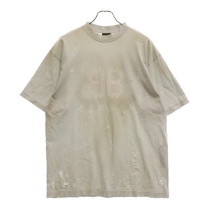 BALENCIAGA バレンシアガ 23SS デストロイ加工 BBロゴ クルーネック半袖Tシャツ カットソー ライトグレー 739784 TOVU6