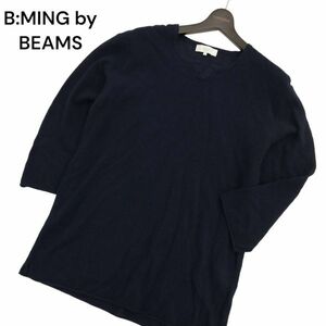 B:MING by BEAMS ビームス 春夏 Vネック★ 7分袖 キーネック ニット カットソー Tシャツ Sz.L　メンズ ネイビー　C4T04508_5#D