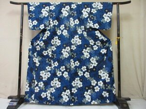 1円 良品 木綿 浴衣 紺 ユニクロ フリーサイズ 花柄 草花 おしゃれ 可愛い 身丈158cm 裄67cm【夢職】★★★