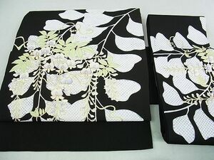 平和屋2■塩瀬　つけ帯　駒刺繍　藤花房　黒地　金彩　逸品　DAAG6981wb