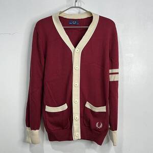 送料無料☆FREDPERRY☆フレッドペリー☆ツートンカーディガン☆スクールカーディガン☆ボルドー☆３８☆J22