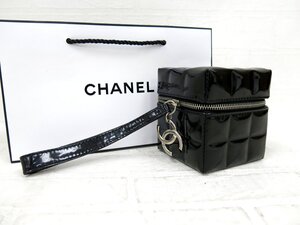 ◆美品◆CHANEL シャネル◆チョコバー◆ココマーク◆エナメル パテント レザー 本革◆ミニ ハンド バニティ バッグ◆黒 SV金具◆A9436