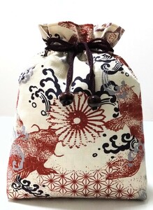 ヘラブナ万力入れ 巾着袋 小物入れ ハンドメイド 釣りリールケース リールカバー 御朱印帳袋 巾着ポシェット お祭り レトロ モダン和柄 鯉