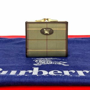 極 美品 Burberrys バーバリーズ ヴィンテージ ノバチェック キャンバス レザー がま口 二つ折り 財布 ミニ ウォレット カーキ 41806