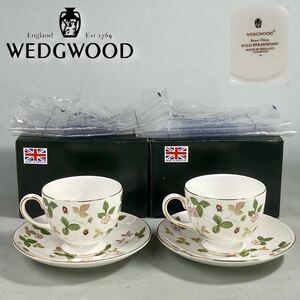 D240512-1【未使用】WEDGWOOD ウェッジウッド WILD STRAWBERRY カップ&ソーサー 黒壺 コーヒー椀皿（リー）2客セット ペア 洋食器 旧ロゴ