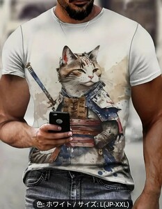 ★男性用ファッション 3D デジタルプリント Tシャツ、日本の戦士猫のデザイン、カジュアルクルーネック、ポリエステル混紡　猫