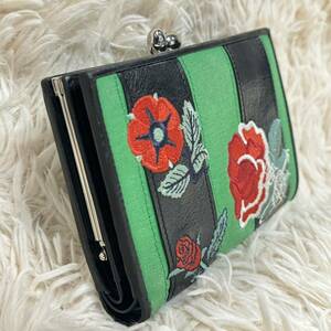 【1円〜】美品 vivienne westwood ヴィヴィアンウエストウッド がま口 ストライプ ボーダー 薔薇 ローズ 花柄 二つ折り 財布 オーブ レザー