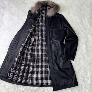 極美品/希少 バーバリーブラックレーベル ノバチェック キルティング ロング BURBERRY BLACK LABEL レザーコート ファー ブラック 黒 L