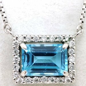 Y9037★Pt900/Pt850 ブルートパーズ 1.24ct 天然ダイヤモンド 0.11ct ペンダントネックレス★45.5cm 3.8g 仕上げ済み