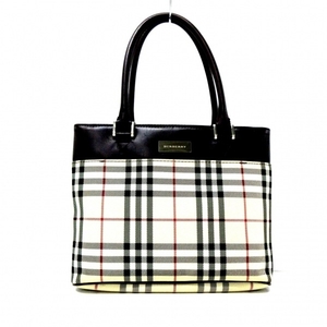 バーバリー Burberry トートバッグ ジャガード×レザー アイボリー×ダークブラウン×マルチ チェック柄 バッグ