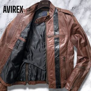 極上馬革!!! AVIREX VARSITY ホースハイド レザージャケット フルジップ シングル ライダース アヴィレックス バーシティ メンズ ブラウン