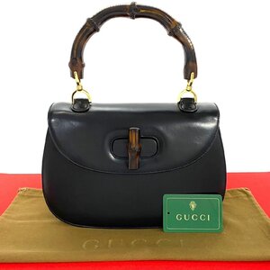 極 美品 GUCCI グッチ オールドグッチ ヴィンテージ バンブー カーフ レザー 本革 ターンロック ハンドバッグ ブラック 黒 37441