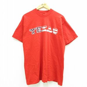 XL/古着 半袖 ビンテージ Tシャツ メンズ 90s テキサス 星条旗 大きいサイズ コットン クルーネック 赤 レッド 23jul12 中古