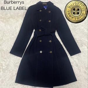 1円　美品【BURBERRY BLUELABEL　バーバリーズブルーレーベル】ロングコート ダブル 金ボタン　ネイビー カシミヤ混 40 Lサイズ