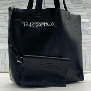 A4◎入手困難● PRADA プラダ ポーチ付き ロゴ型抜き レザー トートバッグ 肩掛け ビジネス PC収納可 メンズ ブラック 黒 本革 大容量 1円