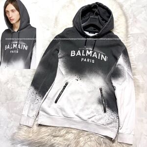 本物 美品 バルマンオム ダメージ加工 SIDE ZIP グラフィティー パーカー プルオーバー M 黒 白 BALMAIN HOMME グラデーション