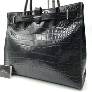 1円〜【希少デザイン/未使用級】FURLA フルラ メンズ トートバッグ 大容量 A4 クロコ 型押し ビジネス 通勤 通学 レザー 本革 ブラック 黒