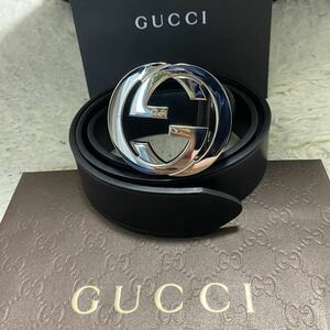 1円～ ほぼ未使用 GUCCI グッチ インターロッキング GG ブラック メンズ レディース 正規品 良品 ベルト シルバー ヴィトン バックル