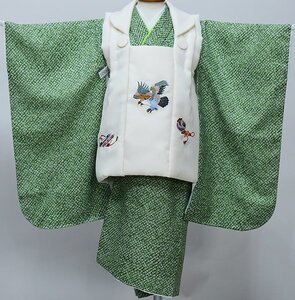 七五三 三歳 男児 被布着物セット 疋田鹿の子柄 被布に刺繍入り 緑×アイボリー 祝着 新品（株）安田屋 NO39801