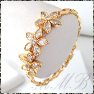 [BRACELET] 18K Gold Filled ビューティフル スリー フラワー CZ チャーム ツボミ形 リンクチェーン ゴールド ブレスレット 16.5x185mm