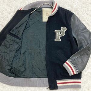 【美品●XL相当】パパスプラス スタジャン 袖レザー切替 メンズ PAPAS ＋ バックロゴ 裏地キルティング 中綿 リブデザイン 刺繍 ワッペン