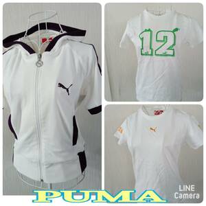 puma ◆ 半袖 胸元ロゴ刺繍 Tシャツ x フード付き半袖パーカー 3点セット M~Lサイズ 白 ◆ プーマ ◆ レディース トップス