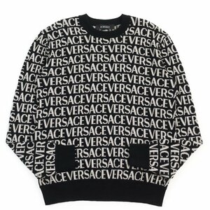 極美品●VERSACE ヴェルサーチ 2023年製 1014456 ロゴ総柄 クルーネック ハイゲージ コットン長袖セーター・ニット 黒 46 正規品 メンズ