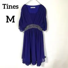 【Tines】ドレス シフォン袖 パープル M ビジュー お呼ばれ パーティー